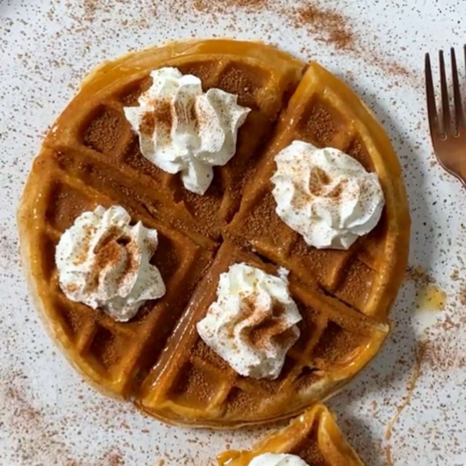 Cinnamon Churro Waffles with coconut cream & caramel dipping sauce